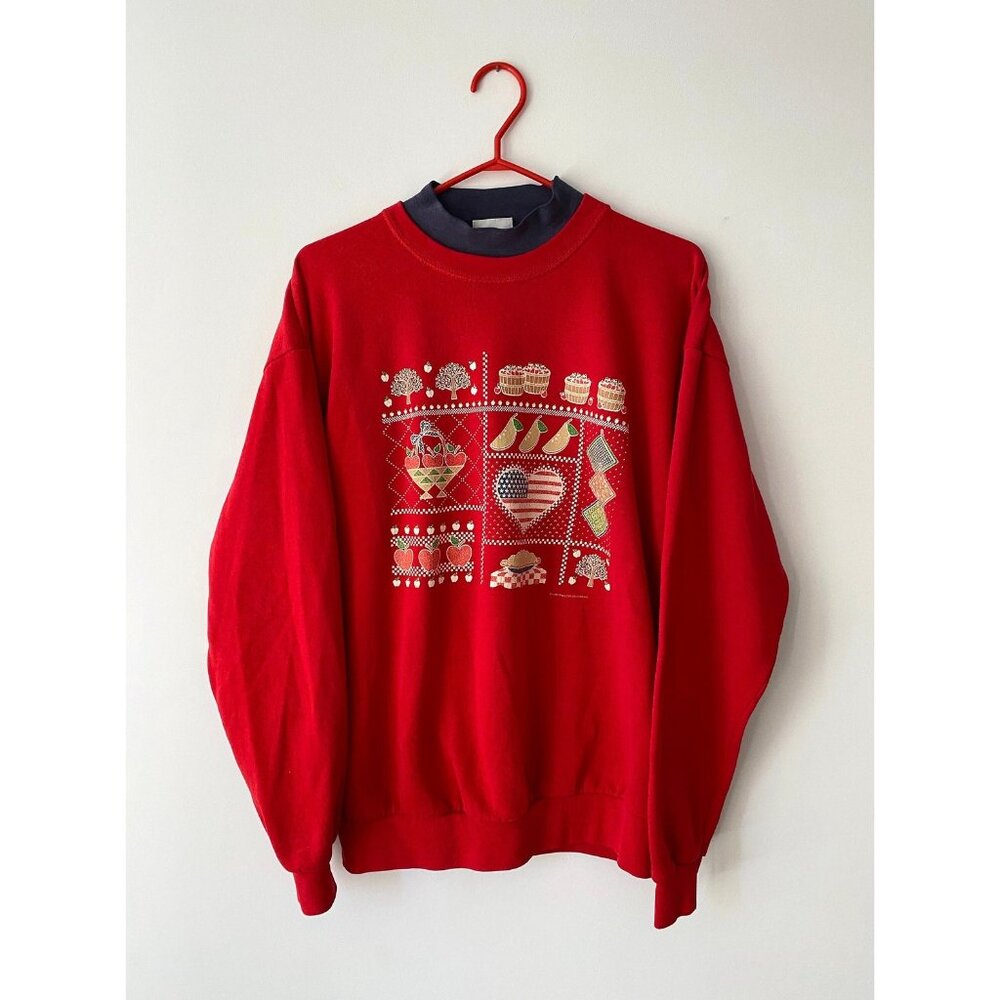 90s vintage red granny cottage graphic collared cozy cotton pullover sweatshirt